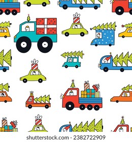 Colorful cars are carrying Christmas trees and gift boxes. Cute Christmas seamless pattern. Can be used in textile industry, paper, background, scrapbooking.