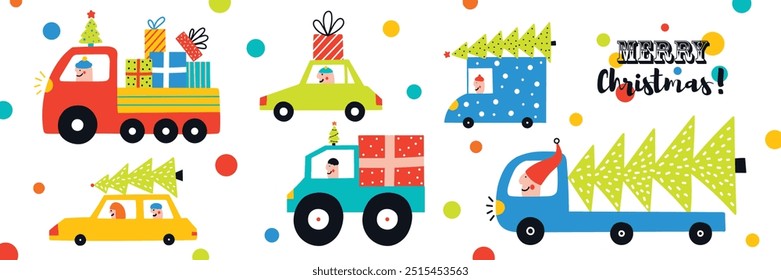 Colorful cars are carrying Christmas trees and gift boxes. Cute Christmas card.Interior poster