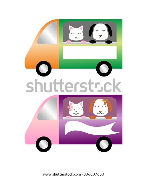 Colorful cars with\
cat and dog at the\
window