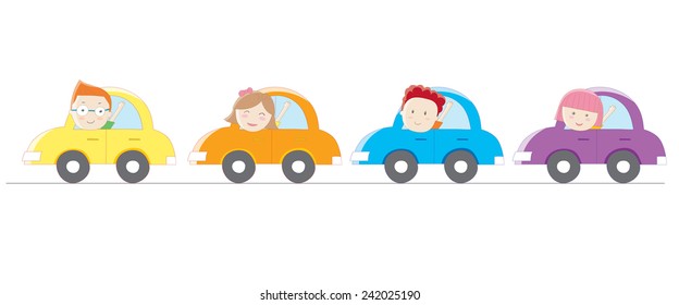 Colorful cars with cute kids