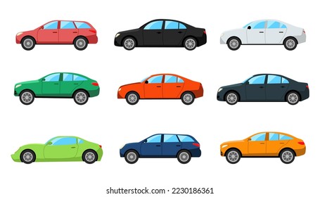 Colorful cars with different body types vector illustrations set. Collection of cartoon drawings of automobiles, coupe, hatchback, sedan isolated on white background. Transport, transportation concept