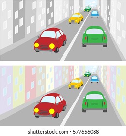 Colorful cars driving on the street of the city in different directions.Vector illustration in a flat style