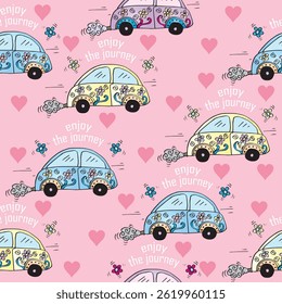 Colorful Cars with Floral Decorations and the Phrase Enjoy the Journey