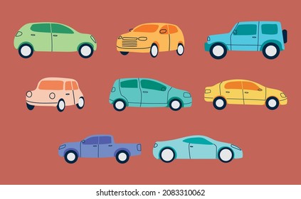 colorful cars icon set on red background