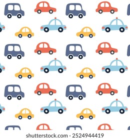Colorful cars on white seamless pattern. Cute cartoon kids fashion design. Vector illustration.