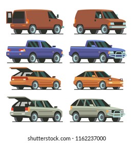 Colorful Cars with open trunk and closed trunk. SUV car, pickup, van, passenger car. Isolated on white background. Vector Illustration.