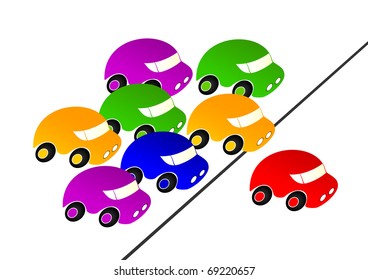 Colorful cars pursued the red car.Red car leader.Car Racing.