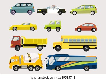 Colorful cars set bundle for symbol, map, or flash card. Flat design style minimal vector illustration.