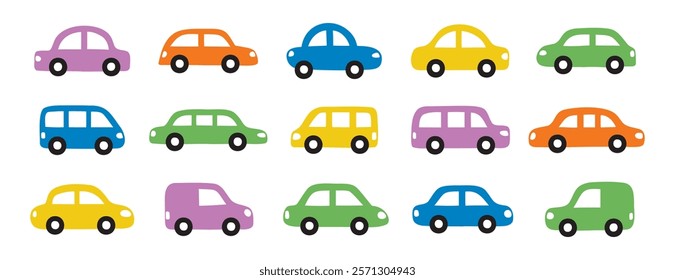 colorful cars set. Cute icons collection hand drawn doodle style for design of children kids room, clothes, fabric. Vector illustration