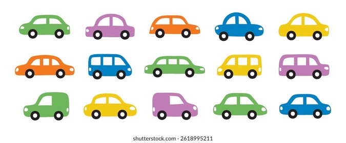 colorful cars set. Cute icons collection hand drawn doodle style for design of children kids room, clothes, fabric. Vector illustration