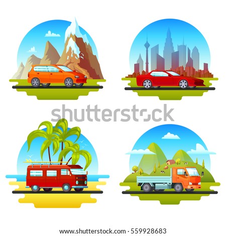 Colorful cars set of different construction on mouintain city desert and farm landscapes isolated vector illustration