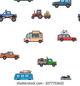 Colorful cars and trucks seamless pattern. White background. Vector illustration. Flat style.