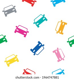 Colorful cars vector seamless pattern. White background. For fabric textile prints, wallpaper, wrapping paper, banner or card template. Transportation concept pattern background.