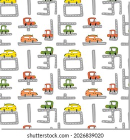 Colorful Cars Vector Seamless Pattern with Doodle Car and Roads. Cartoon Transportation Background for Kids.