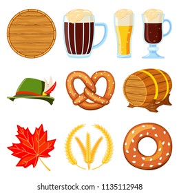 Colorful cartoon 10 oktoberfest elements set. Beer festival collection. Autumn festive vector illustration for icon, sticker, patch, label, badge, certificate or banner decoration