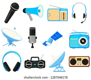 Colorful cartoon 12 telecommunication elements Modern entertainment technology Media theme vector illustration for icon, stamp, label, badge, certificate, brochure or banner decoration