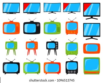 Colorful cartoon 20 tv elements set. Coloring page for adults and kids. Media theme vector illustration for icon, sticker sign, patch, certificate badge, gift card, label, poster, web banner