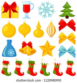 Colorful cartoon 20 xmas elements set. New year holiday decorations. Bright vector illustration for icon, logo, sticker, patch, label, badge, emblem, certificate, poster or gift card pattern
