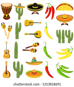 Colorful cartoon 23 mexican elements. Fiesta carnival set. Mexico theme vector illustration for icon, 