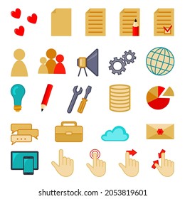 Colorful cartoon 24 social media themed icon designs. Creative writing, mobile access and users interactions. Vector illustration for site, banner or leaflet decor