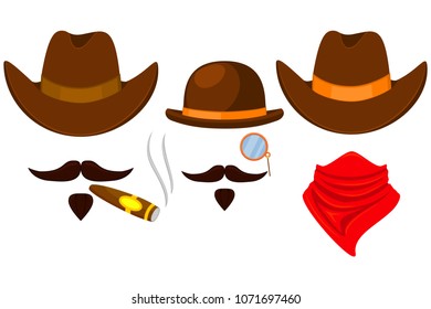 Colorful cartoon 3 western cowboy avatars set. Wild west vector illustration for gift card certificate sticker, badge, sign, stamp, logo, label, icon, poster, patch, banner invitation - Powered by Shutterstock - Get 15% off with code: PIKWIZARD15