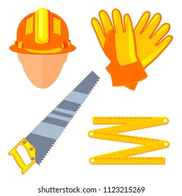 Colorful cartoon 4 carpenter elements set. Handyman tool for home repair. Construction themed vector illustration for icon, logo, sticker, patch, label, sign, badge, certificate or flayer decoration