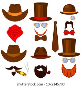 Colorful cartoon 6 western man avatars set. Hipster vector illustration for gift card certificate sticker, badge, sign, stamp, logo, label, icon, poster, patch, banner invitation