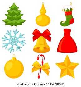 Colorida caricatura 9 elementos de Navidad. Decoración de vacaciones de año nuevo. Ilustración vectorial brillante para icono, logotipo, pegatina, parche, etiqueta, placa, emblema, certificado, afiche o patrón de tarjeta de regalo