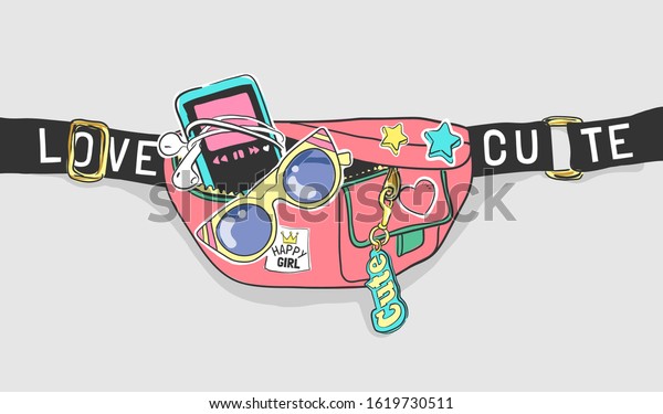 colorful\
cartoon accessories in sling bag\
illustration