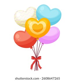 Colorful cartoon air balloons bouquet heart shaped for party, birthday decorations. Inflatable helium balloons on strings bunch with bow knot.