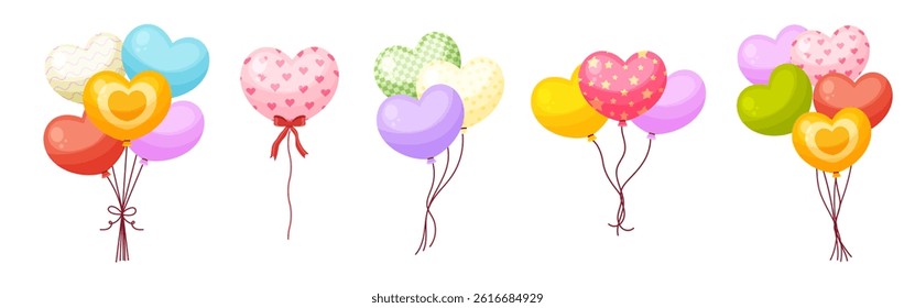 Colorful cartoon air balloons bouquet heart shaped for party, birthday decorations. Inflatable helium balloons on strings bunch with bow knot.