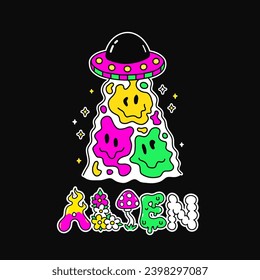 Colorful cartoon alien spaceship abducting smile emojis. Cartoon doodle vector illustration design