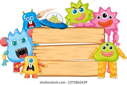 Colorful cartoon aliens posing beside a wooden frame template