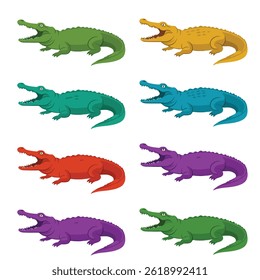 Colorful Cartoon Alligator Illustrations Featuring Diverse Colors and Expressions

