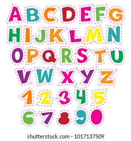 Colorful cartoon alphabet for children. Vector educational collection of letters and numbers.