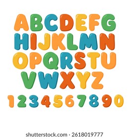 Alfabeto colorido de desenhos animados com números, em estilo lúdico. Clipart de vetor para crianças e educação.