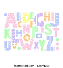 Colorful cartoon alphabet on white background. Cute abc design for book cover, poster, card, print on baby's clothes, pillow etc. Pastel colors decorative letters composition.