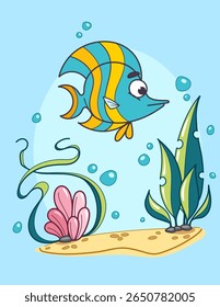 Angelfish colorido do desenho animado com plantas do mar