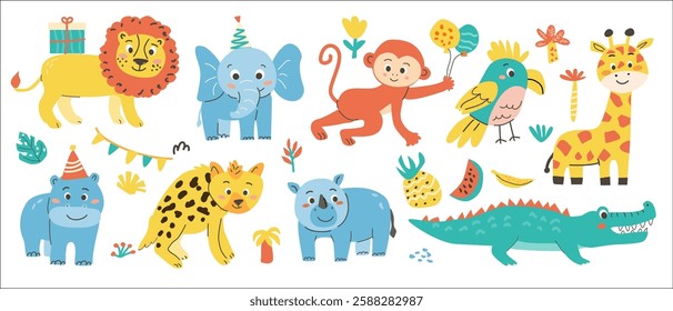 Colorful cartoon animal party scene with jungle animals and balloons.