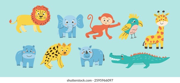 Colorful cartoon animals collection including lion elephant monkey giraffe crocodile parrot. Children's style. Flat illustration