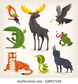 Colorful cartoon animals from different regions and places