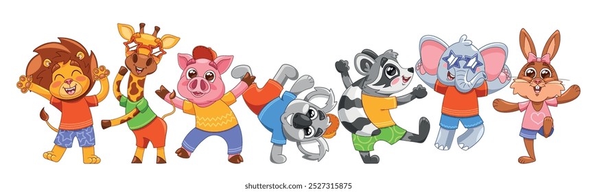 Animales De Dibujos Animados Coloridos Bailando Felizmente Juntos Con Un Traje Divertido Y Festivo. Escena de Vector animado incluye un león, cerdo