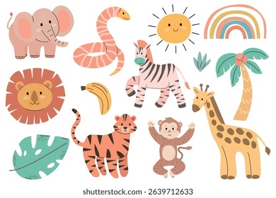 Colorful cartoon animals including an elephant, lion, zebra, tiger, monkey, and giraffe, along with a sun, rainbow, and tropical plants.