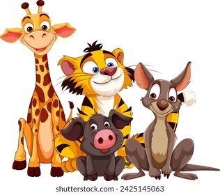 Colorful cartoon animals smiling together happily