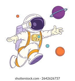 Colorful cartoon astronaut mascot floating among stars and planets in deep space, ideal for science, education, and exploration themes. Vector mascot illustration