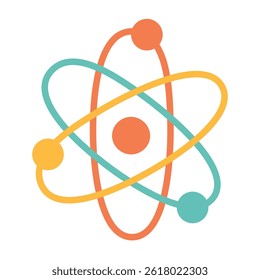 Colorful cartoon atom symbol with three orbits and nucleus. Vector flat doodle isolated illustration.