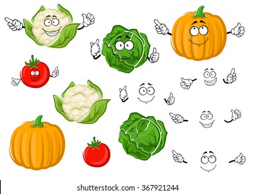 Colorful cartoon autumnal juicy red tomato, green crunchy cabbage, ripe orange pumpkin and head of cauliflower vegetable characters. Addition to agriculture harvest or vegetarian salad recipe design