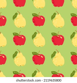 Colorful cartoon background with pears and apples. Seamless pattern with fruits. Red apple, yellow pear on green background. Fashion texture for baby clothes, kitchen decoration. Vector illustration