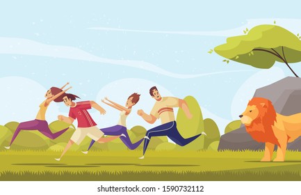 Colorful cartoon background with stressed adult people running away from lion at nature background vector illustration