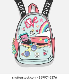 colorful cartoon backpack with cute icons illustration